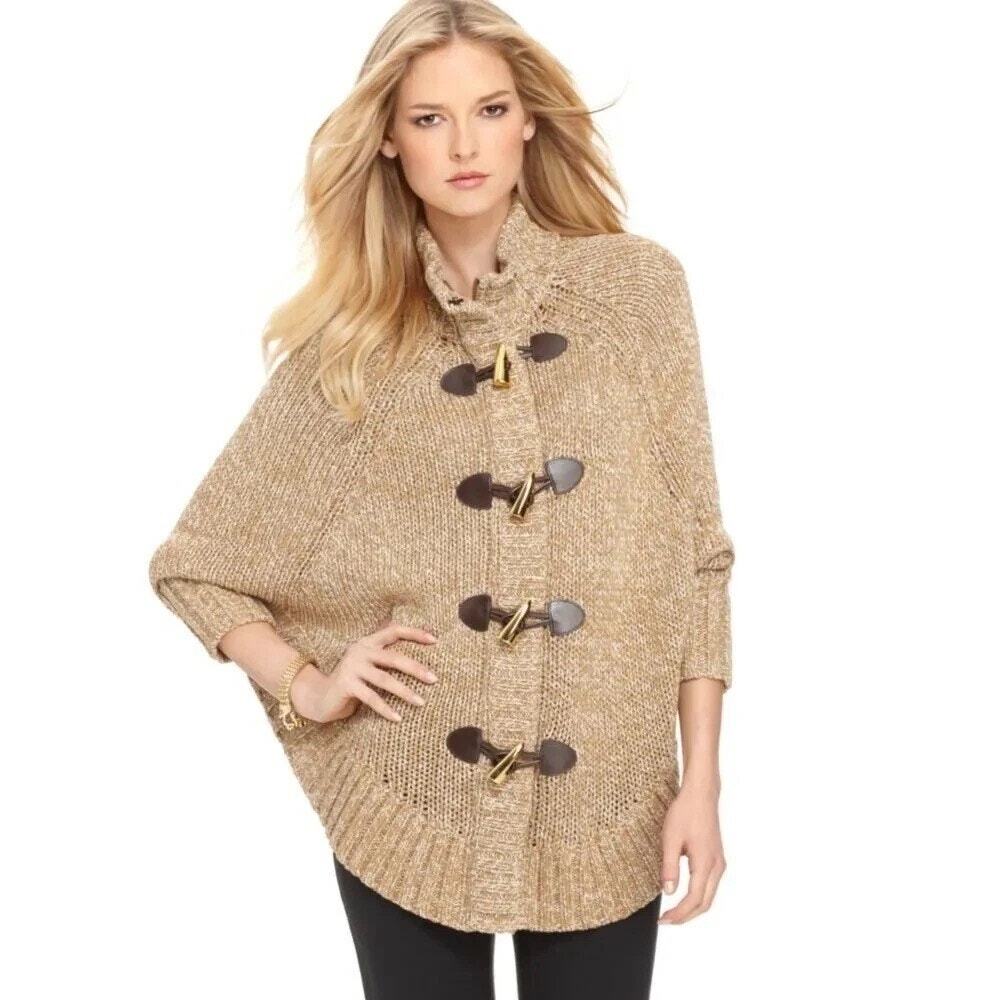MICHAEL Michael Kors Tan White Chunky Knit Toggle Zipper Poncho Cardigan Sweater